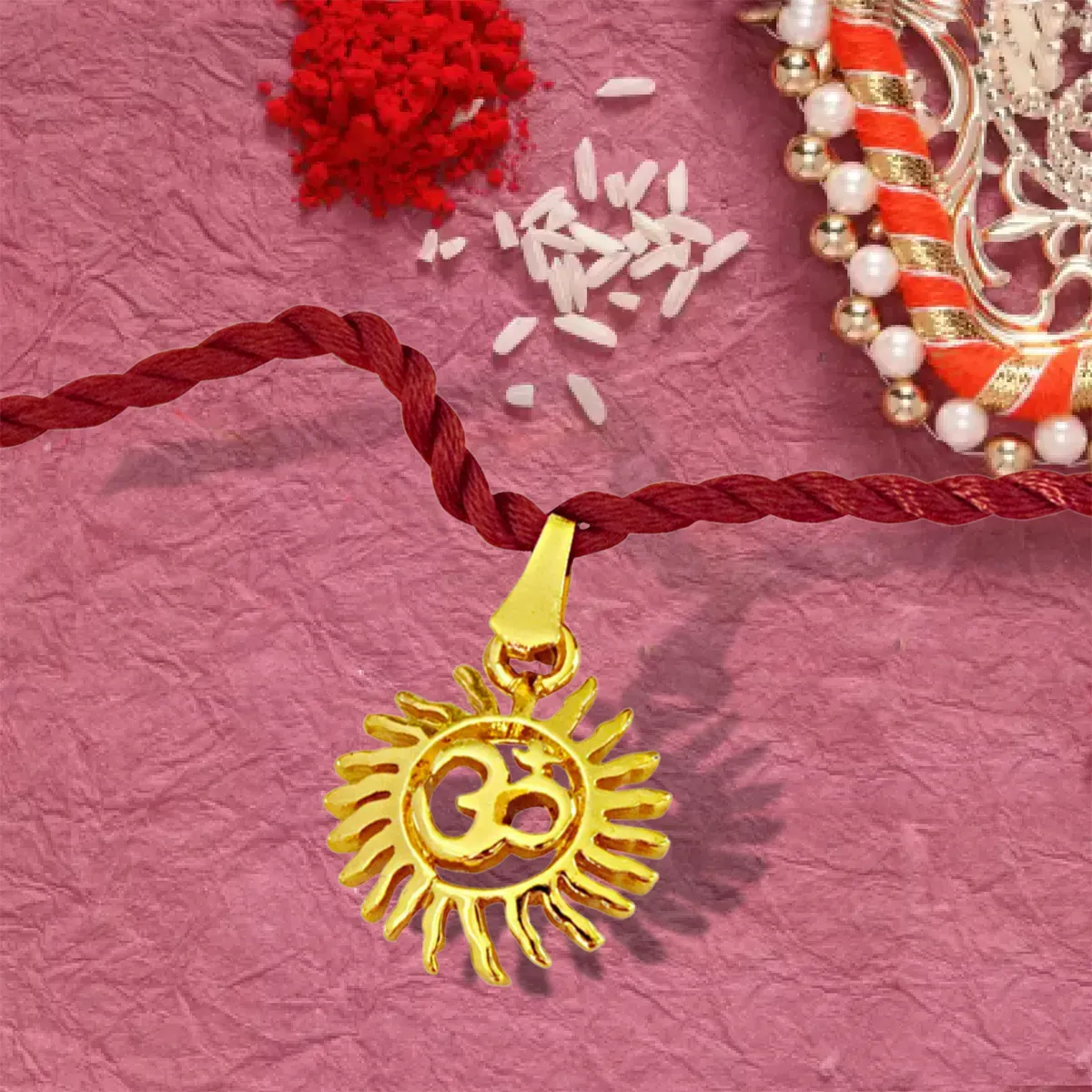 Om Trishul & Sun Filled Rays Om Gold Plated Religious Rakhi for Brothers (SNSH9+SNSH7)