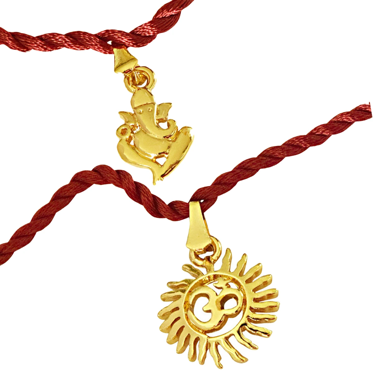 Sun Filled Rays Om & Ganesh Ganapati Gold Plated Religious Rakhi for Brothers (SNSH7+SNSH8)