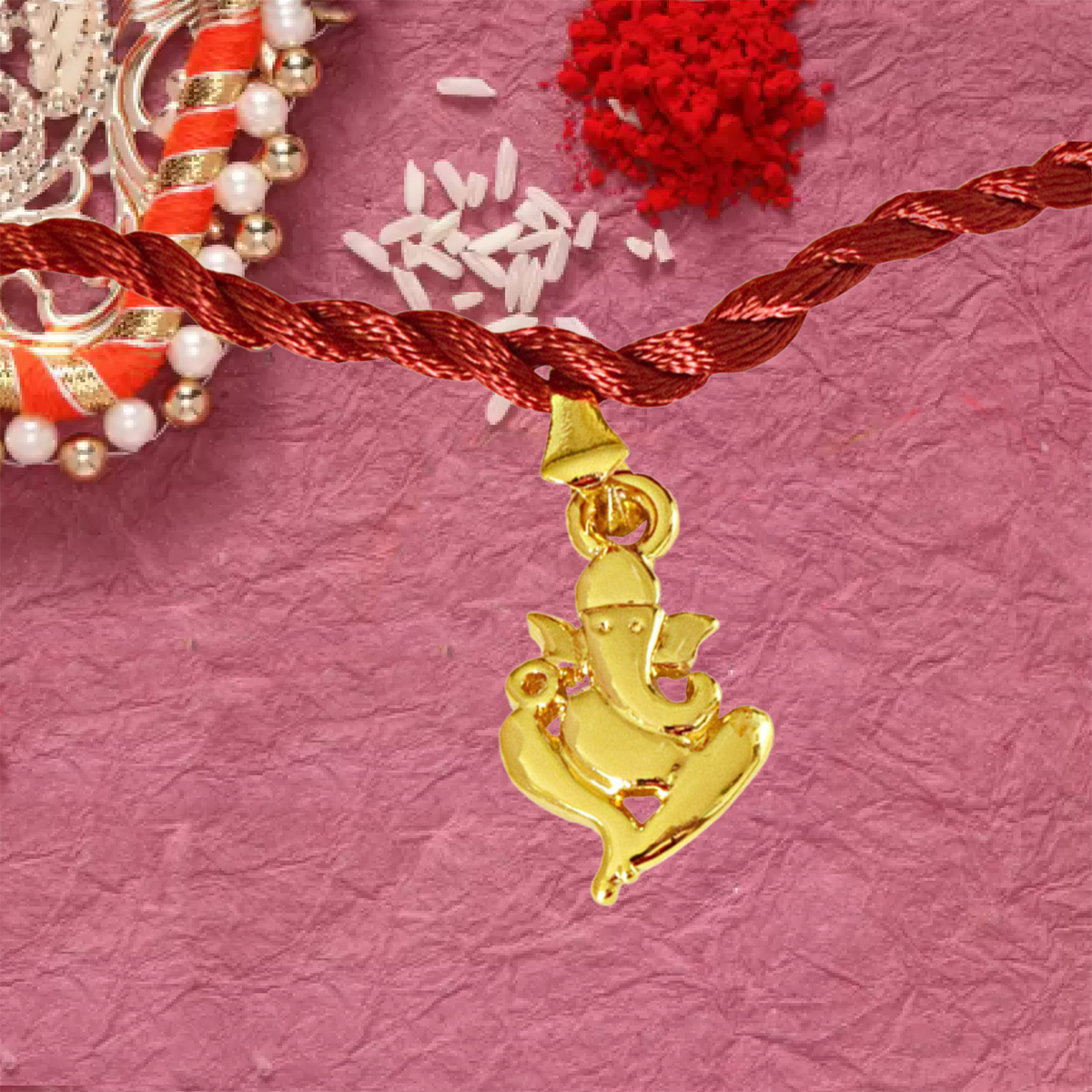 Sun Filled Rays Om & Ganesh Ganapati Gold Plated Religious Rakhi for Brothers (SNSH7+SNSH8)