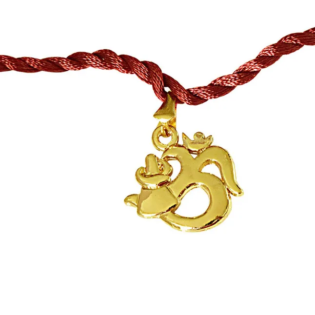 Om Trishul & Sun Filled Rays Om Gold Plated Religious Rakhi for Brothers (SNSH9+SNSH7)