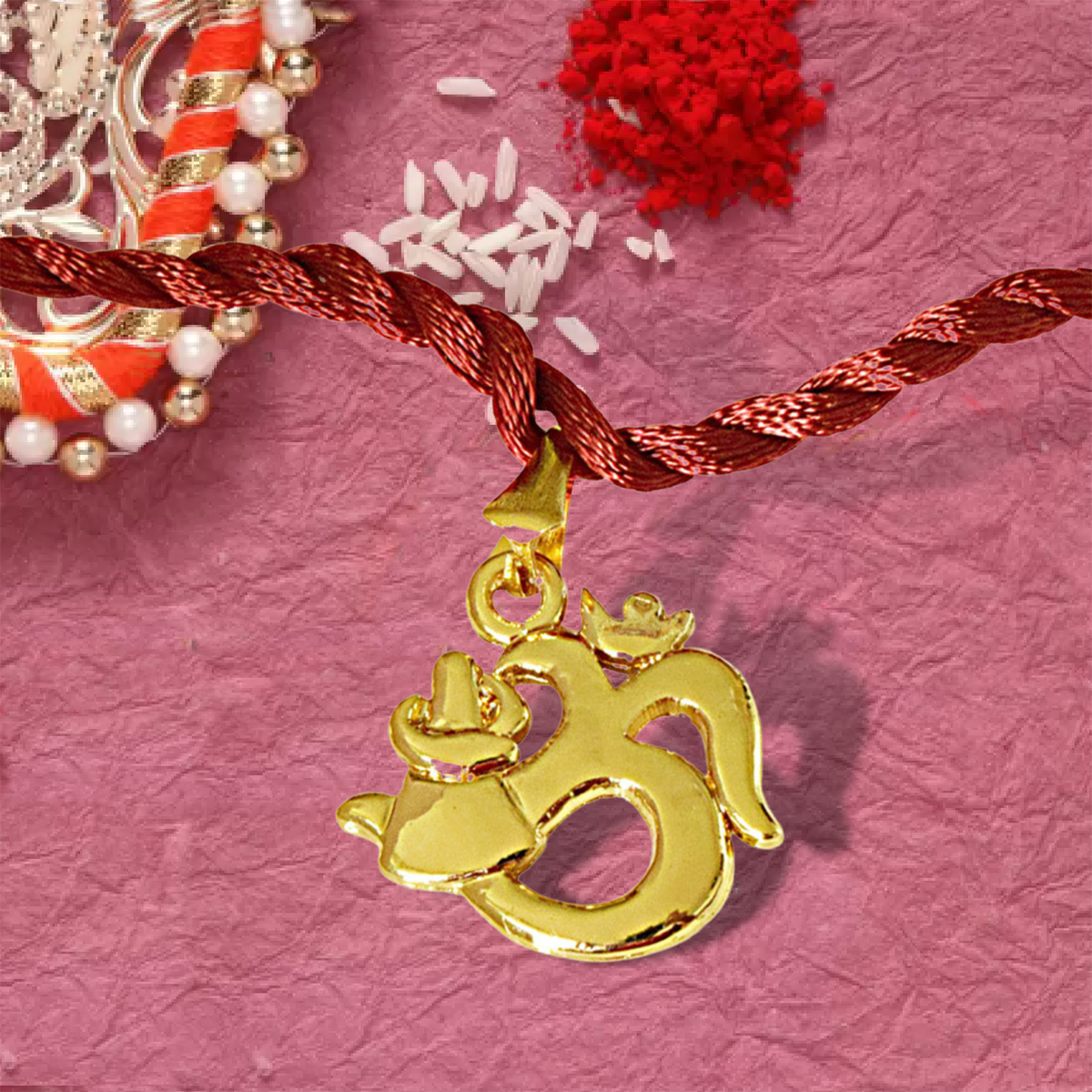 Om Trishul & Sun Filled Rays Om Gold Plated Religious Rakhi for Brothers (SNSH9+SNSH7)