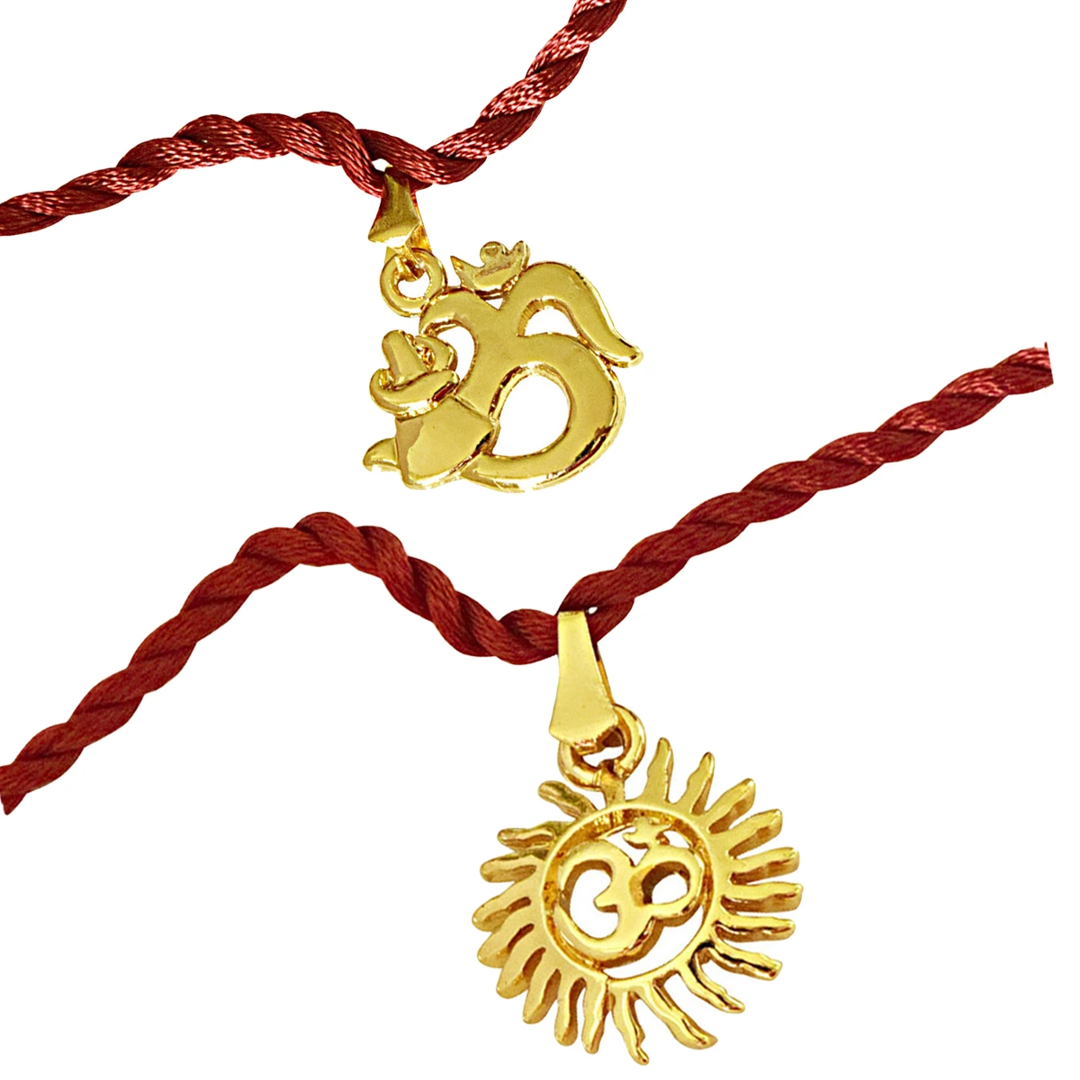 Om Trishul & Sun Filled Rays Om Gold Plated Religious Rakhi for Brothers (SNSH9+SNSH7)