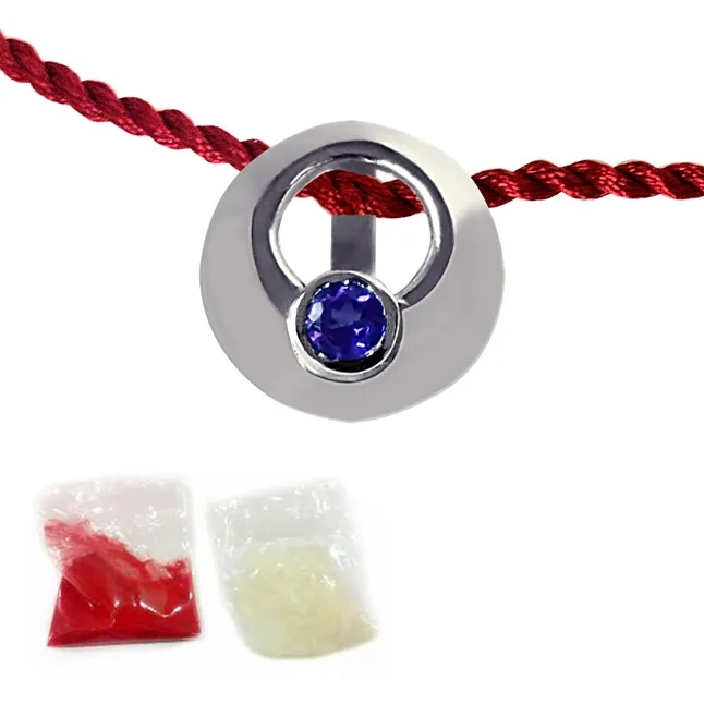 Round Shaped Amethyst Sterling Silver Rakhi for Brothers (SNSR42)