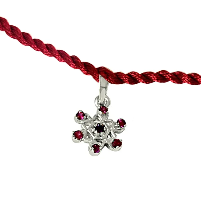 Flower Shaped Purple Amethyst, Pink Rhodolite Sterling Silver Rakhi for Brothers (SNSR49)