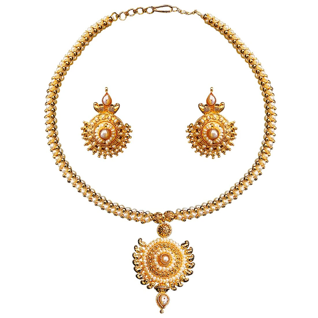 Fine Pearl Delight - Round Shaped Gold Plated Pendant & Rice Pearl Necklace & Earring Set for Women (SP121)