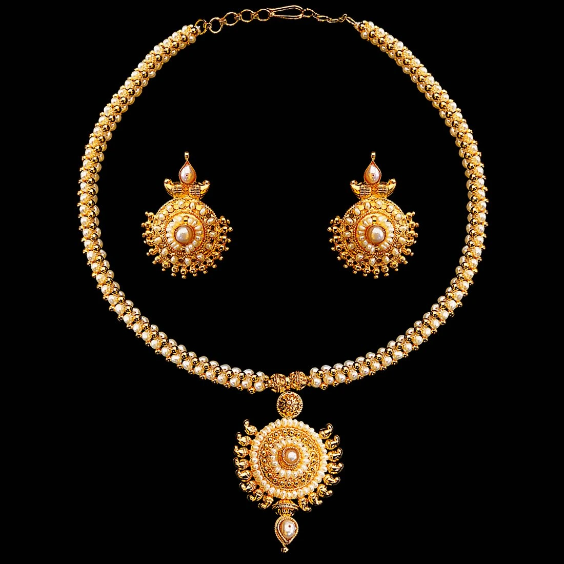 Fine Pearl Delight - Round Shaped Gold Plated Pendant & Rice Pearl Necklace & Earring Set for Women (SP121)