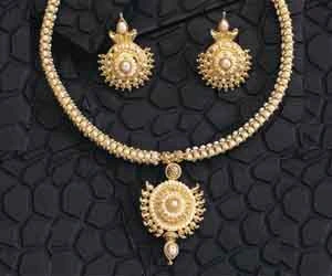 Fine Pearl Delight - Round Shaped Gold Plated Pendant & Rice Pearl Necklace & Earring Set for Women (SP121)
