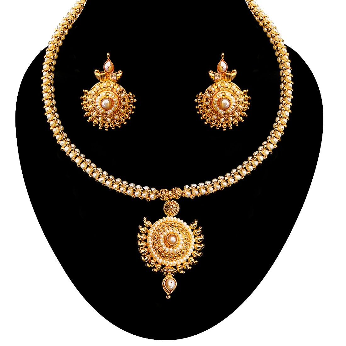 Fine Pearl Delight - Round Shaped Gold Plated Pendant & Rice Pearl Necklace & Earring Set for Women (SP121)