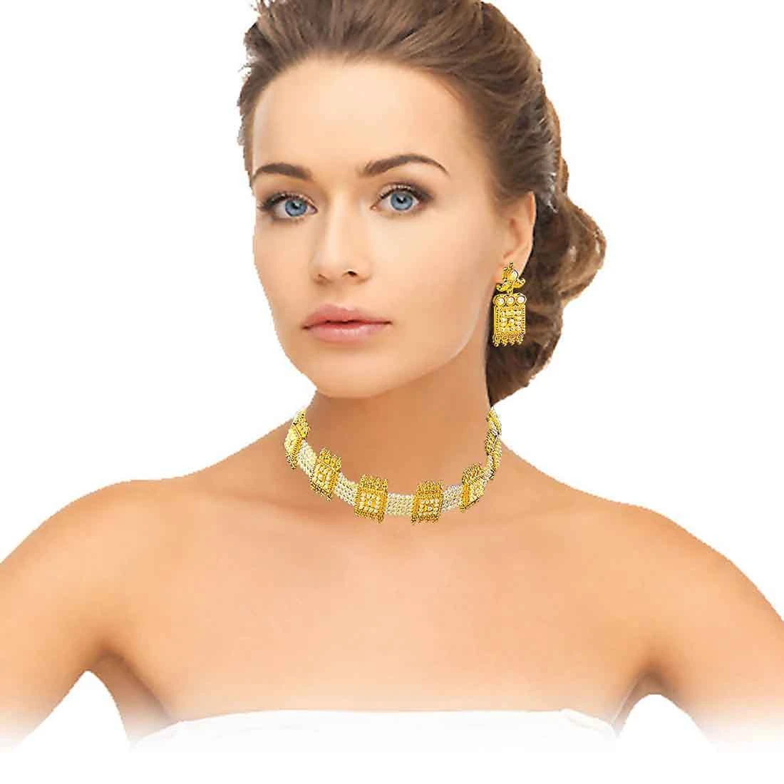 Choker Magic - Rectangle Shaped Gold Plated Pendant & Freshwater Pearl Choker Necklace & Earring Set for Women (SP123)