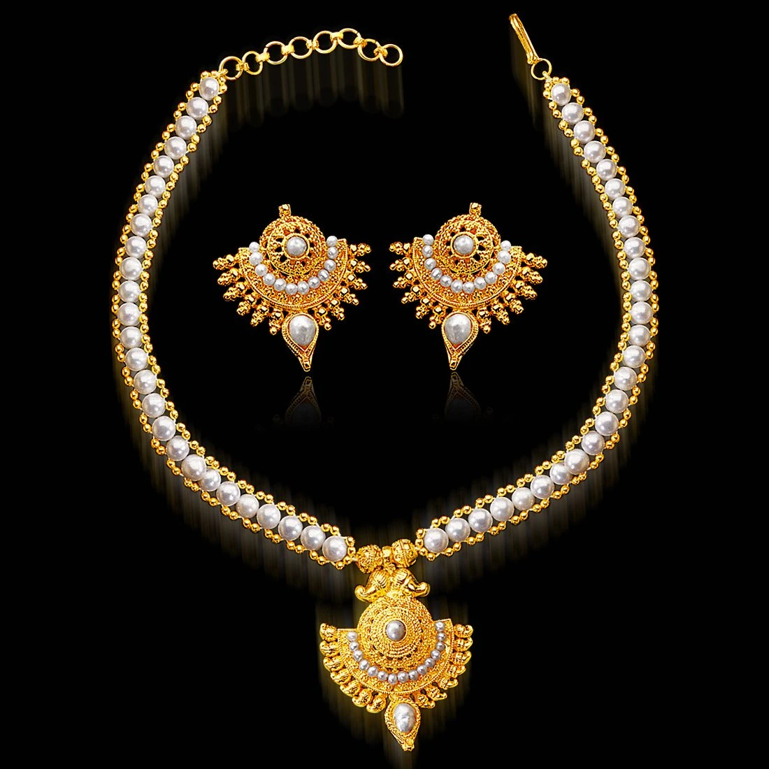 Innocent Wonder - Drop Shaped Gold Plated Pendant & Freshwater Pearl Necklace & Earring Set for Women (SP124)