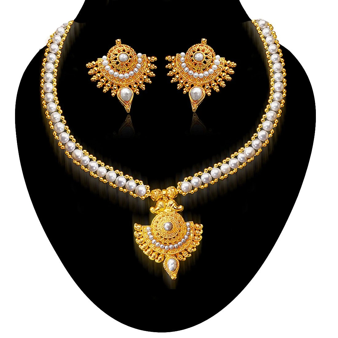 Innocent Wonder - Drop Shaped Gold Plated Pendant & Freshwater Pearl Necklace & Earring Set for Women (SP124)