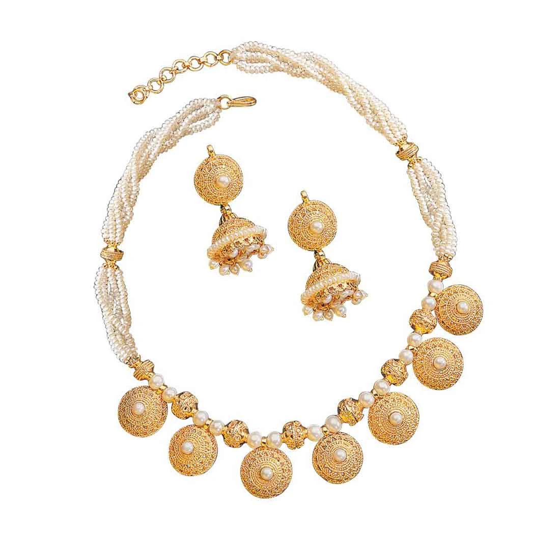 Pure Pleasure - Round Shaped Vati Style Gold Plated Pendants & Freshwater Pearl Choker Necklace & Earring Set for Women (SP125)