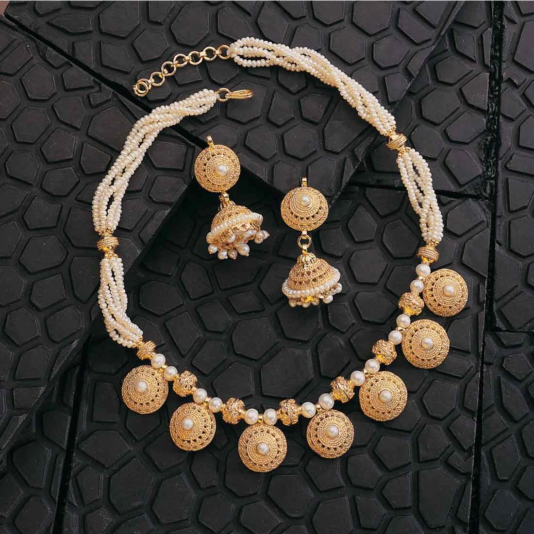 Pure Pleasure - Round Shaped Vati Style Gold Plated Pendants & Freshwater Pearl Choker Necklace & Earring Set for Women (SP125)
