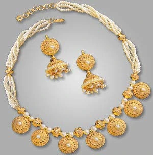 Pure Pleasure - Round Shaped Vati Style Gold Plated Pendants & Freshwater Pearl Choker Necklace & Earring Set for Women (SP125)