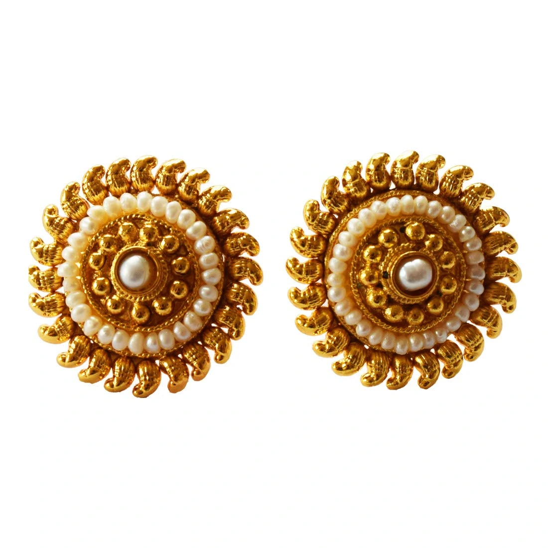 Temple Shape Round Gold Plated Freshwater Pearl Earrings (SP126ER)