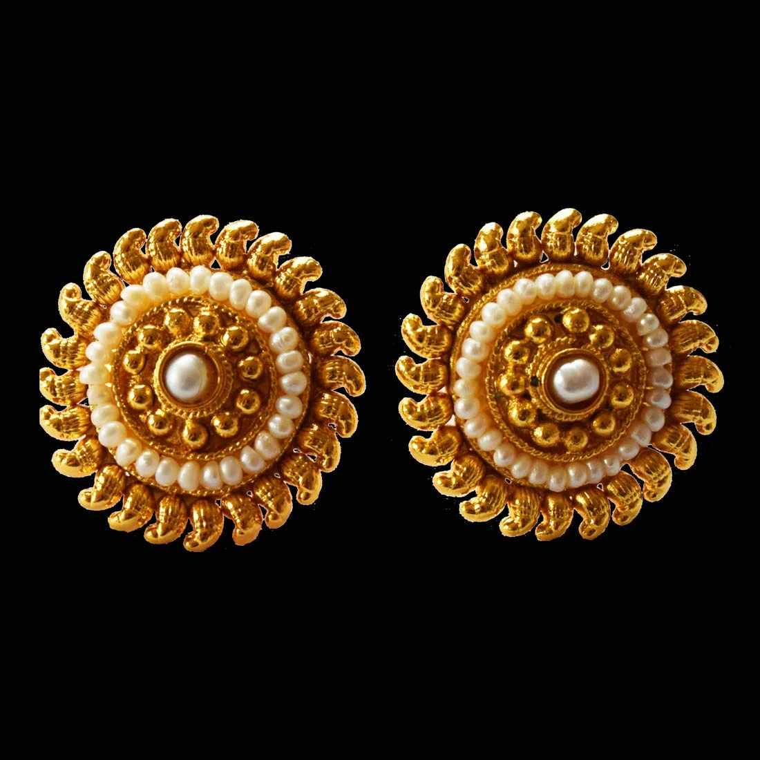 Temple Shape Round Gold Plated Freshwater Pearl Earrings (SP126ER)