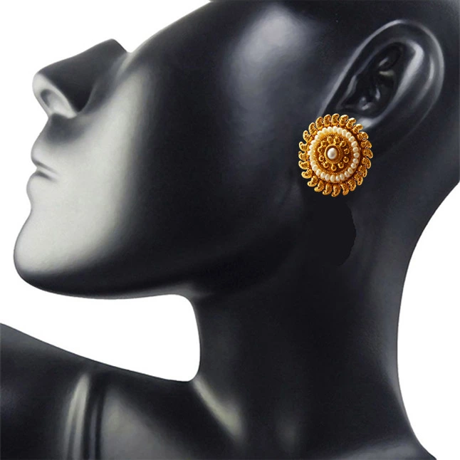 Temple Shape Round Gold Plated Freshwater Pearl Earrings (SP126ER)