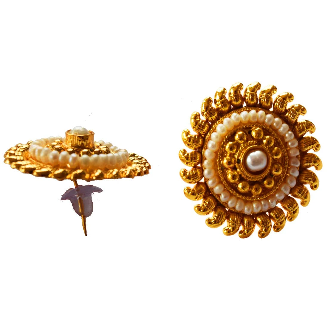 Temple Shape Round Gold Plated Freshwater Pearl Earrings (SP126ER)