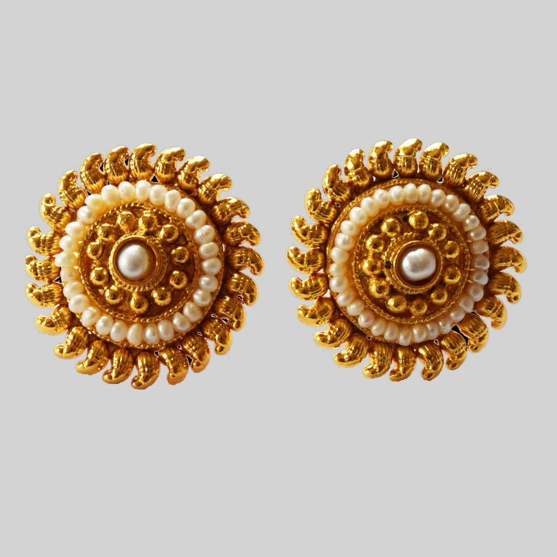 Temple Shape Round Gold Plated Metal Freshwater Pearl Earrings (SP126ER)