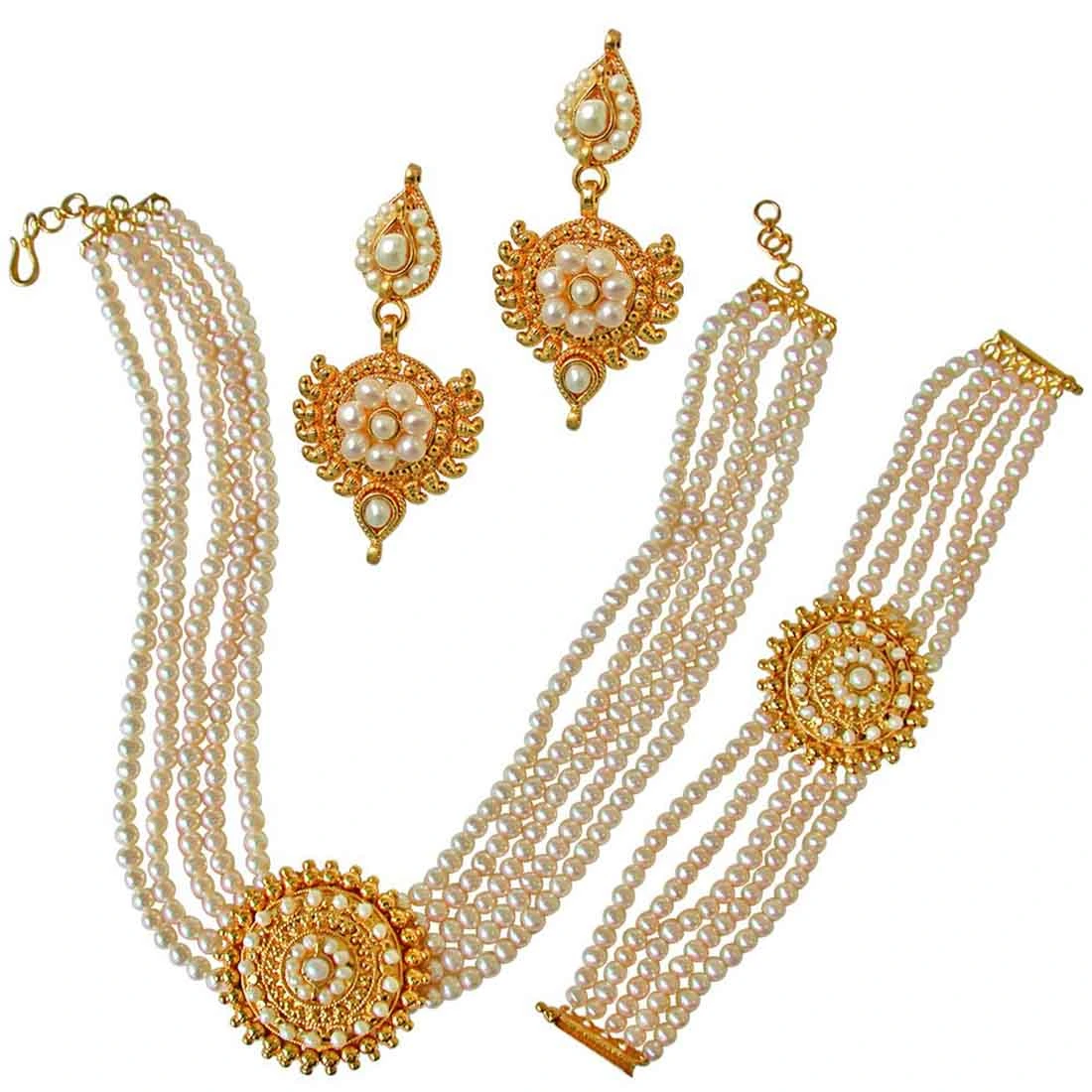 Shringar Special - Traditional Round Shaped Real Freshwater Pearl & Gold Plated Pendant Necklace, Bracelet & Earring Set for Women (SP127)