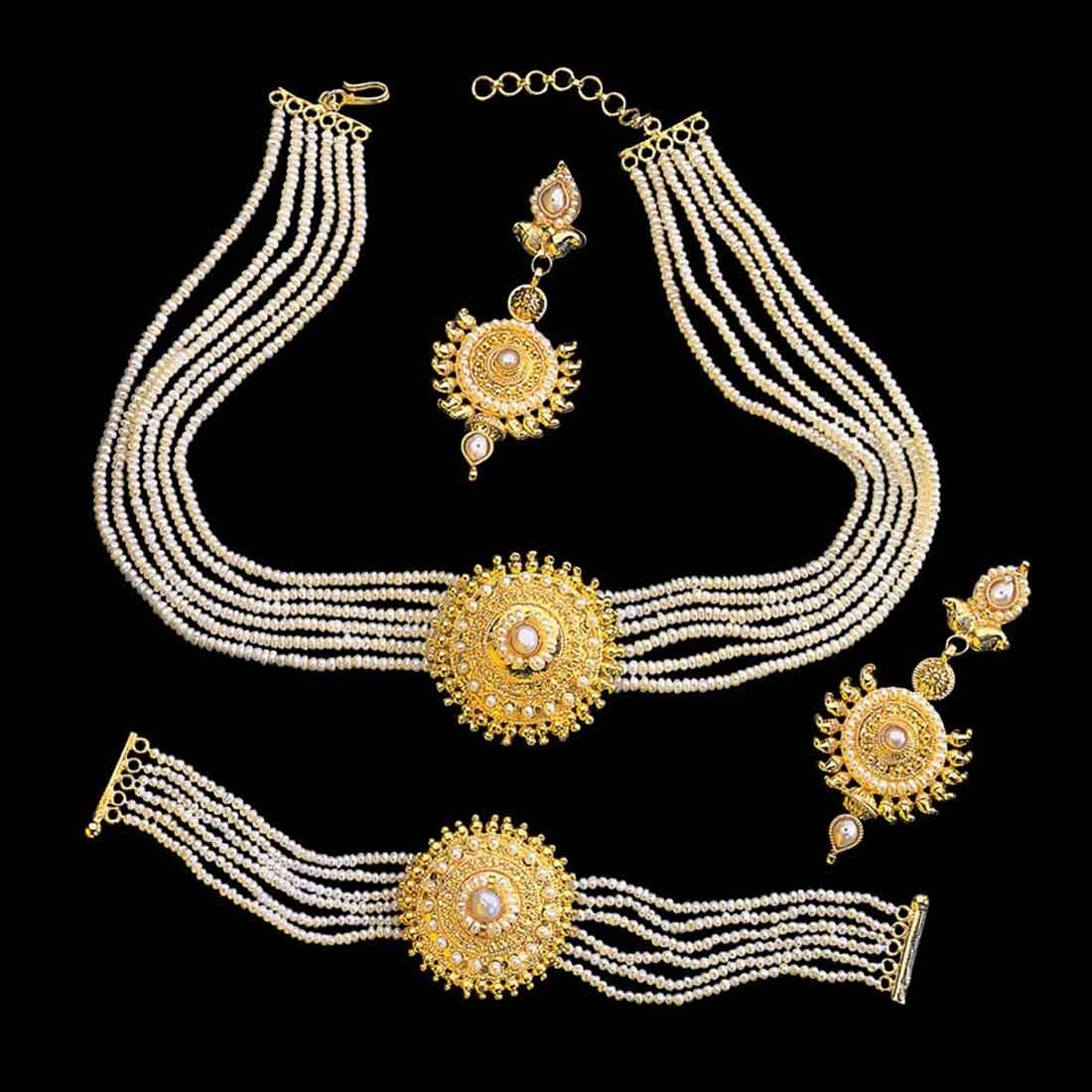 Shringar Special - Traditional Round Shaped Real Freshwater Pearl & Gold Plated Pendant Necklace, Bracelet & Earring Set for Women (SP127)
