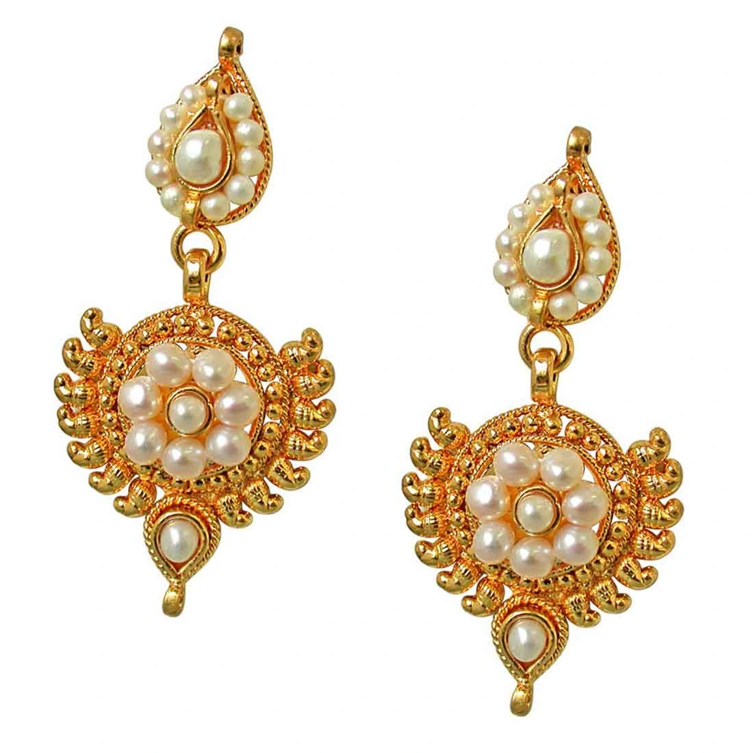 Temple Collection Gold Plated Metal Freshwater Pearl Earrings