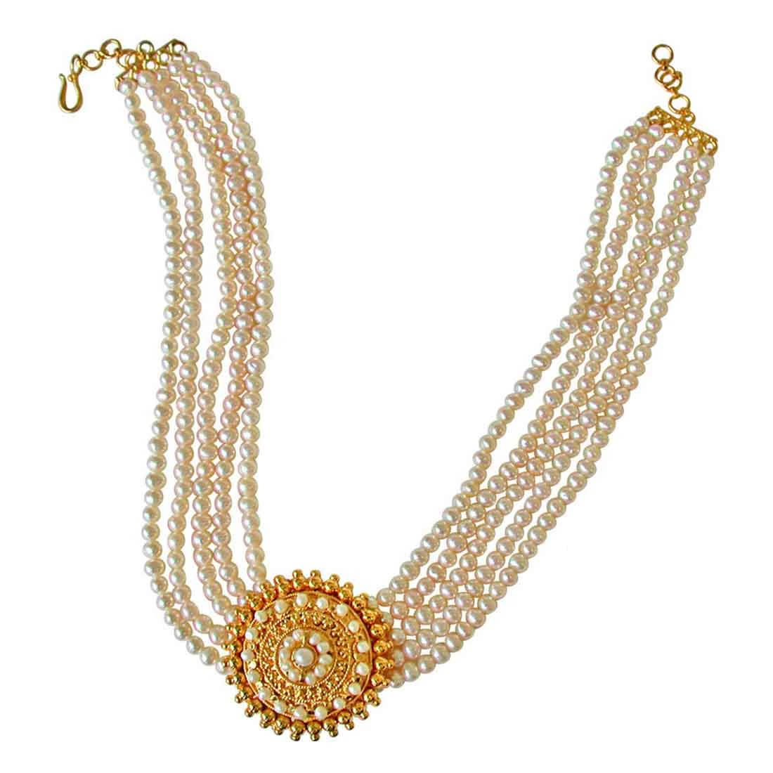 Shringar Special - Traditional Round Shaped Real Freshwater Pearl & Gold Plated Pendant Necklace, Bracelet & Earring Set for Women (SP127)