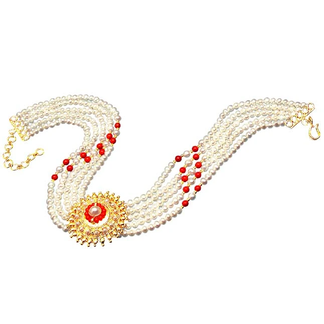5 Line Pearl & Red Coral Beads with Gold Plated Pendant (SP191)