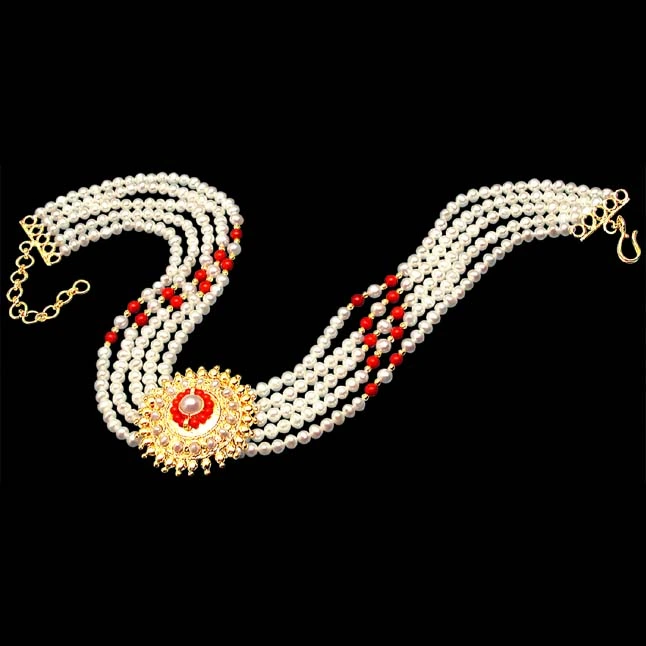 5 Line Pearl & Red Coral Beads with Gold Plated Pendant (SP191)