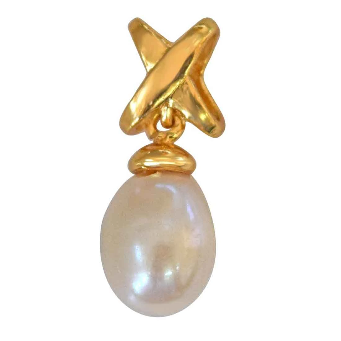 Dazzling Drop - Drop Shaped Real Pearl & Gold Plated Silver Cross Bar Pendant for Girls (SP372)