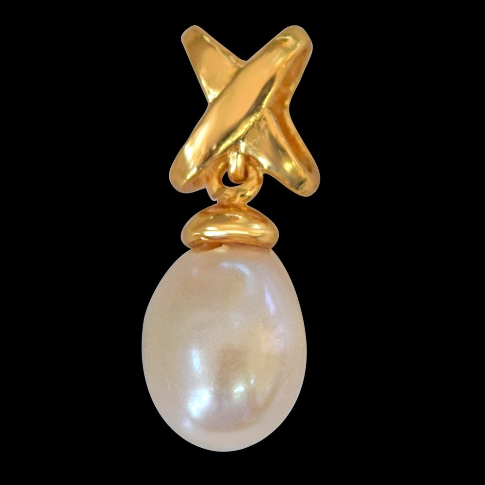 Dazzling Drop - Drop Shaped Real Pearl & Gold Plated Silver Cross Bar Pendant for Girls (SP372)