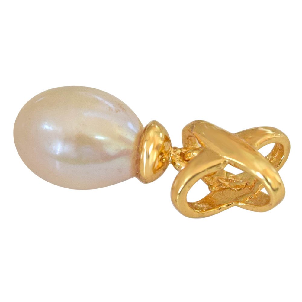 Dazzling Drop - Drop Shaped Real Pearl & Gold Plated Silver Cross Bar Pendant for Girls (SP372)
