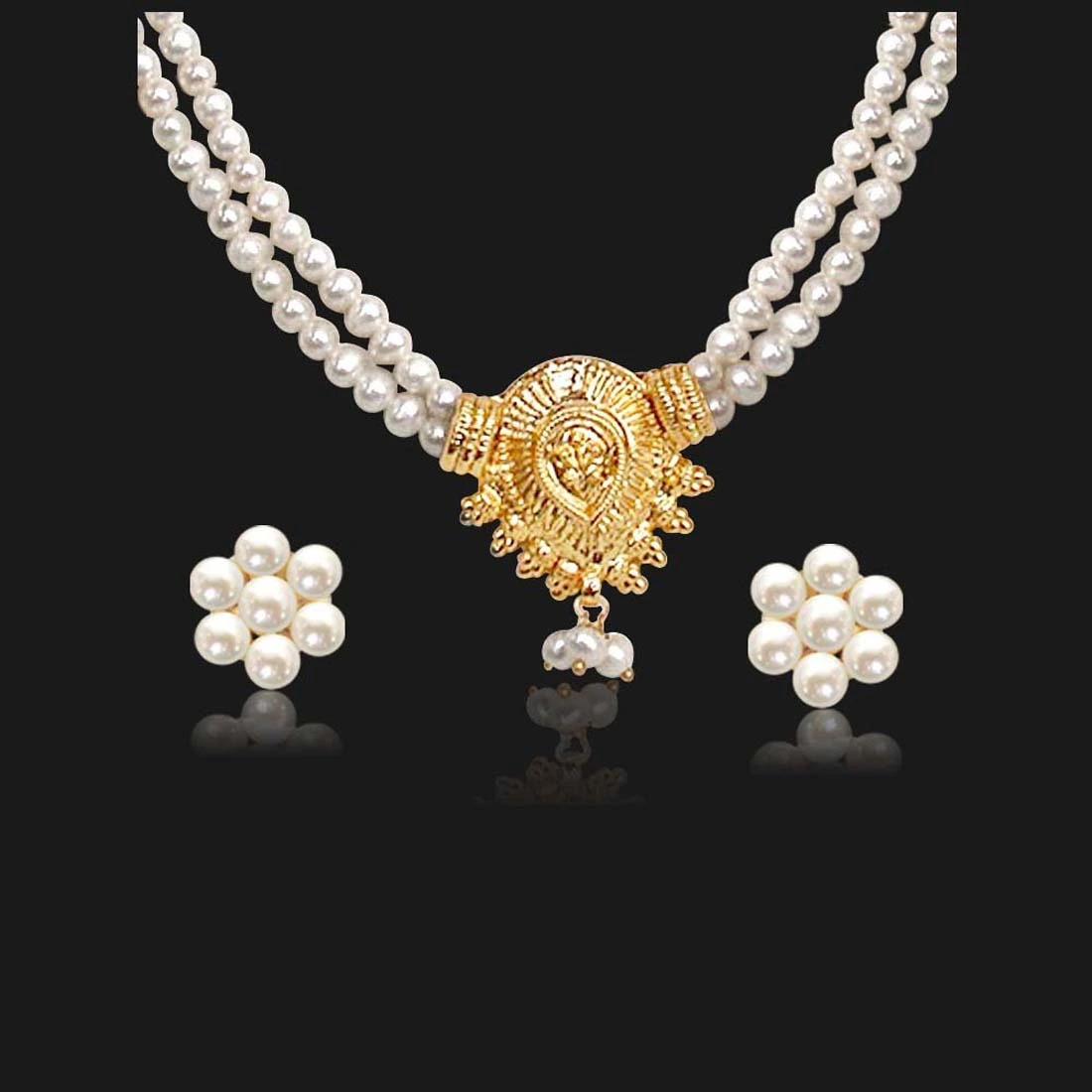 Nirvana - Two Line Real Freshwater Pearl & Gold Plated Necklace & Earring Set for Women (SP377)