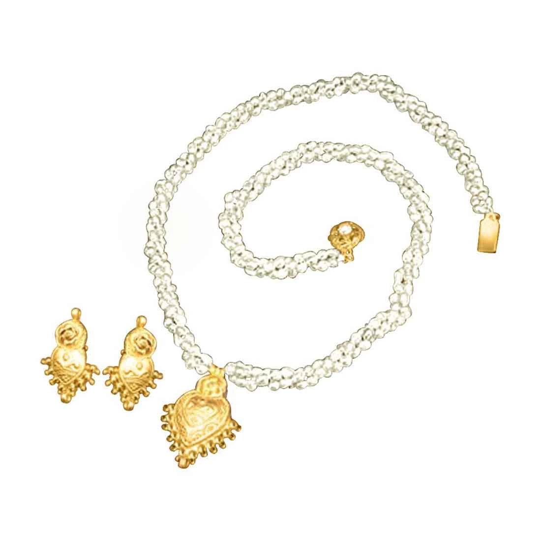 Pearl Divine Grace - Gold Plated Pendant & 3 Line Twisted Pearl Necklace & Earring Set for Women (SP378)