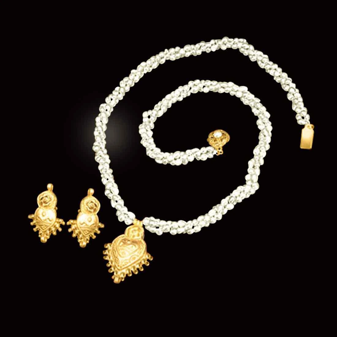 Pearl Divine Grace - Gold Plated Pendant & 3 Line Twisted Pearl Necklace & Earring Set for Women (SP378)