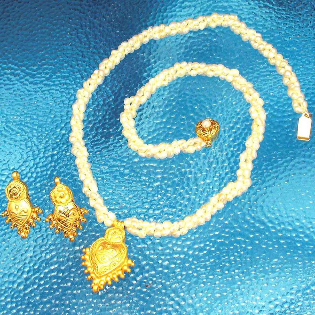 Pearl Divine Grace - Gold Plated Pendant & 3 Line Twisted Pearl Necklace & Earring Set for Women (SP378)