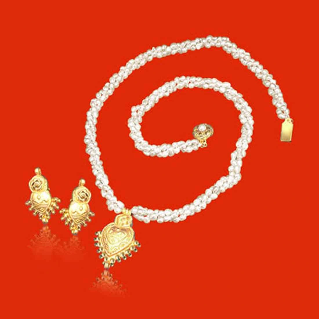 Pearl Divine Grace - Gold Plated Pendant & 3 Line Twisted Pearl Necklace & Earring Set for Women (SP378)