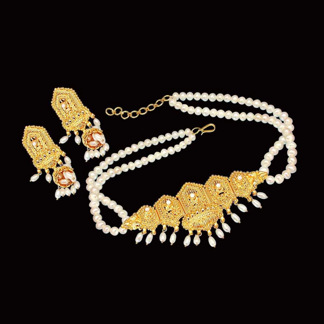 Sparkling Beauty - Big Gold Plated Pendant & 2 Line Freshwater Pearl Choker Necklace & Earring Set for Women (SP379)