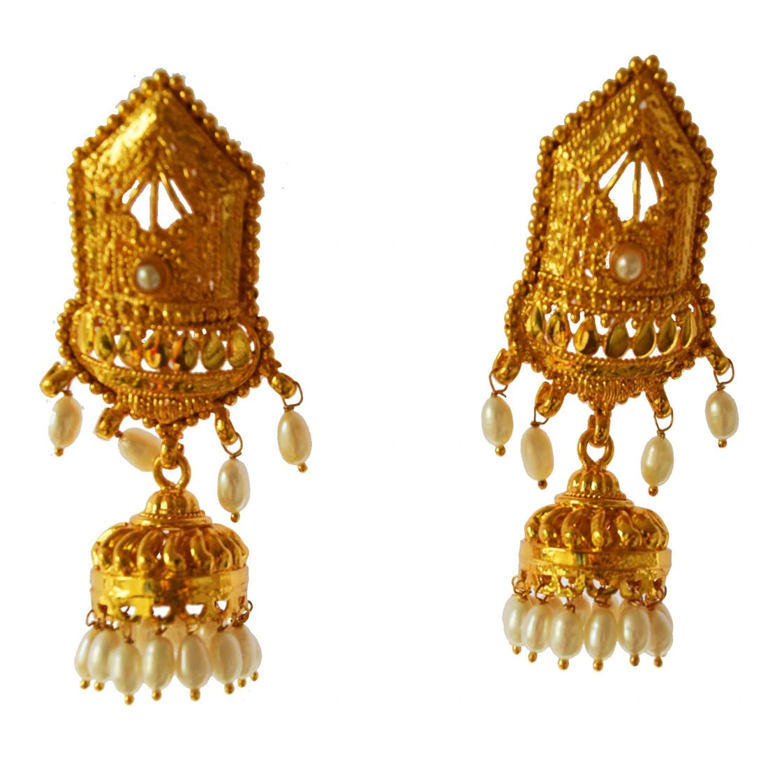 Temple Collection Gold Plated Metal Freshwater Pearl Jhumki Earrings