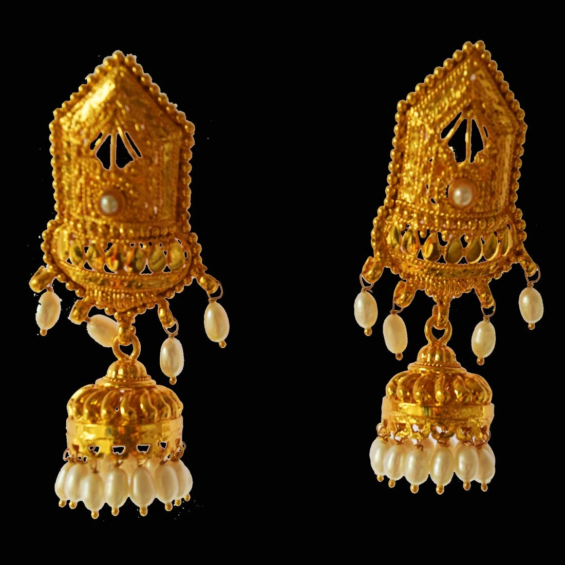 Temple Collection Gold Plated Metal Freshwater Pearl Jhumki Earrings
