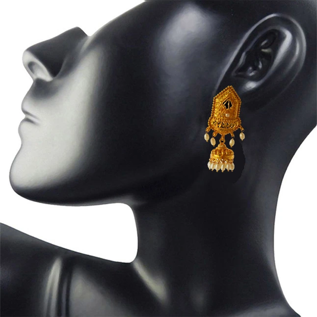 Temple Collection Gold Plated Metal Freshwater Pearl Jhumki Earrings