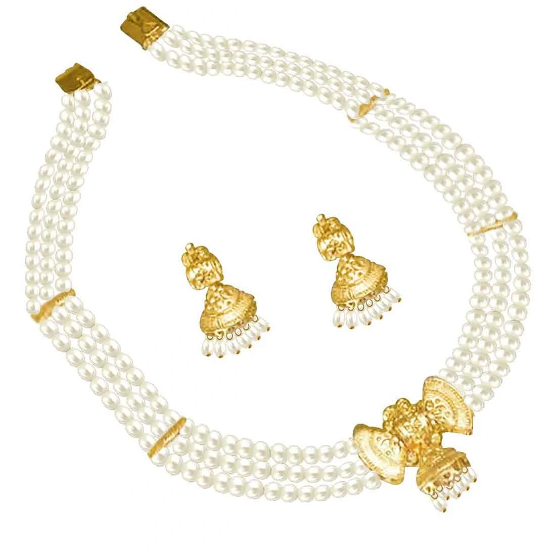 Passion - Bow shaped Gold Plated Pendant & 3 Line Freshwater Pearl Necklace & Earring Set for Women (SP380)