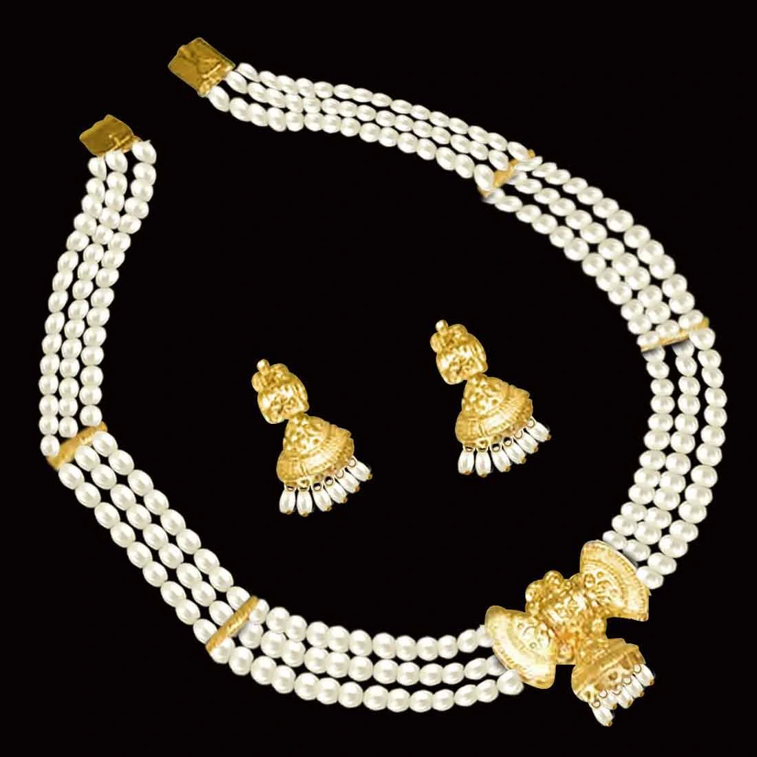 Passion - Bow shaped Gold Plated Pendant & 3 Line Freshwater Pearl Necklace & Earring Set for Women (SP380)