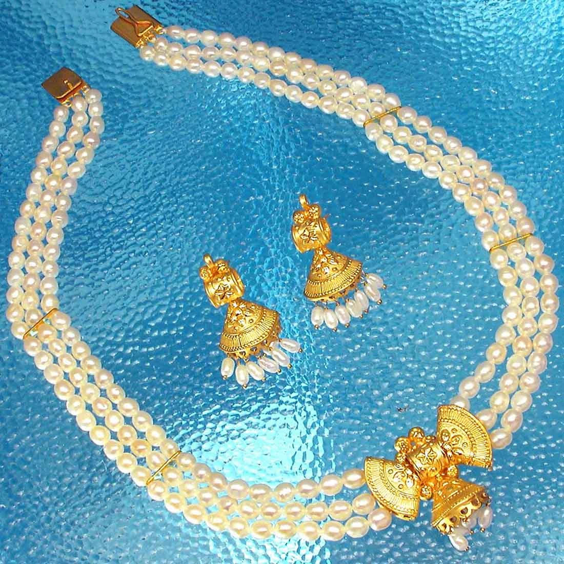 Passion - Bow shaped Gold Plated Pendant & 3 Line Freshwater Pearl Necklace & Earring Set for Women (SP380)