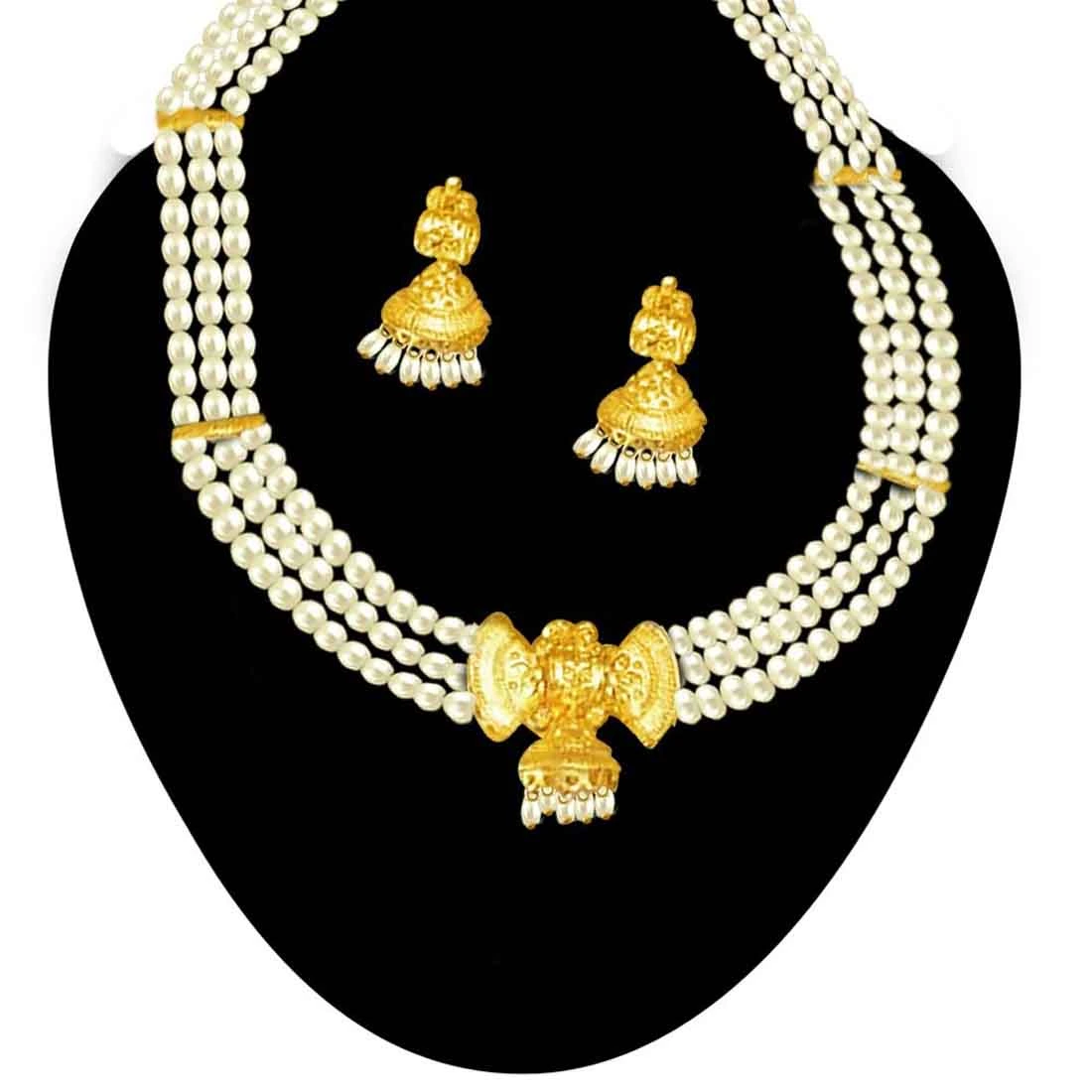 Passion - Bow shaped Gold Plated Pendant & 3 Line Freshwater Pearl Necklace & Earring Set for Women (SP380)