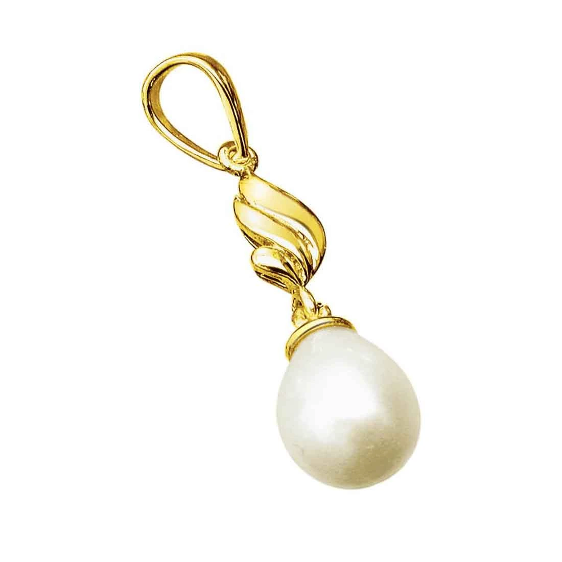 Blazing Adornment - Drop Shaped Real Pearl & Gold Plated Silver Pendant for Girls (SP382P)