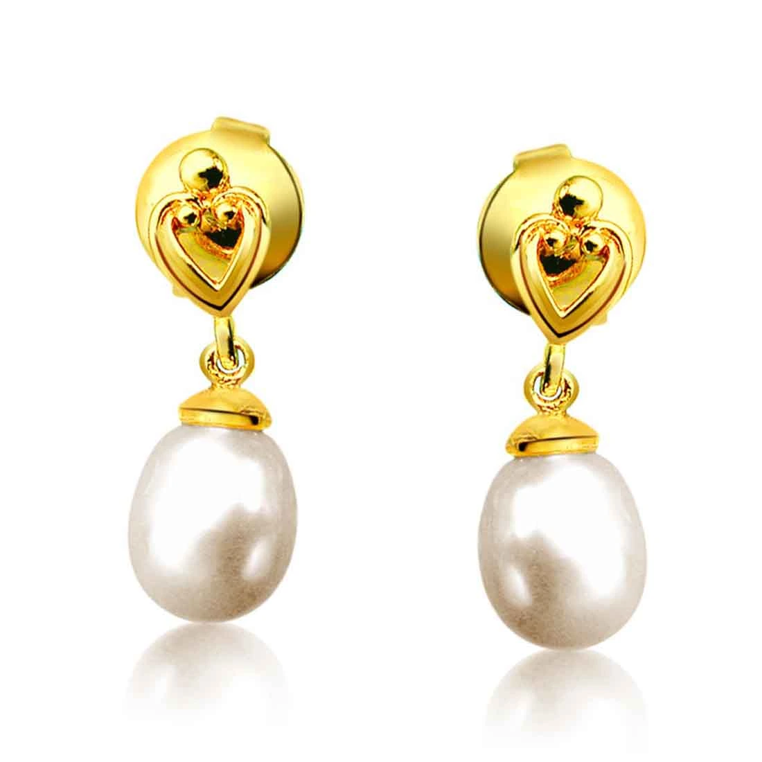 Lovable Pearly Pair - Heart Designed Drop Shape Real Pearl & Silver Gold Plated Hanging Earrings for Women (SP383ER)