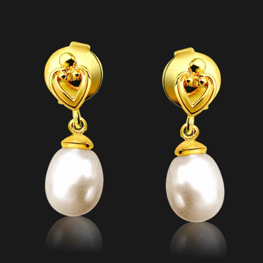 Lovable Pearly Pair - Heart Designed Drop Shape Real Pearl & Silver Gold Plated Hanging Earrings for Women (SP383ER)