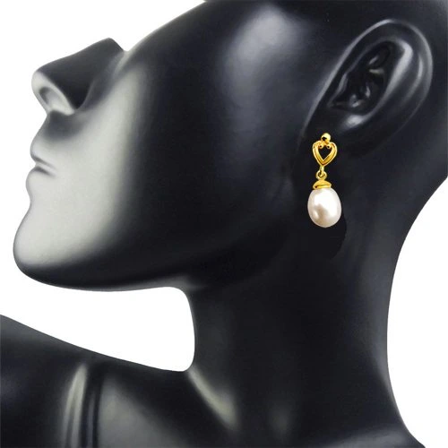 Lovable Pearly Pair - Heart Designed Drop Shape Real Pearl & Silver Gold Plated Hanging Earrings for Women (SP383ER)