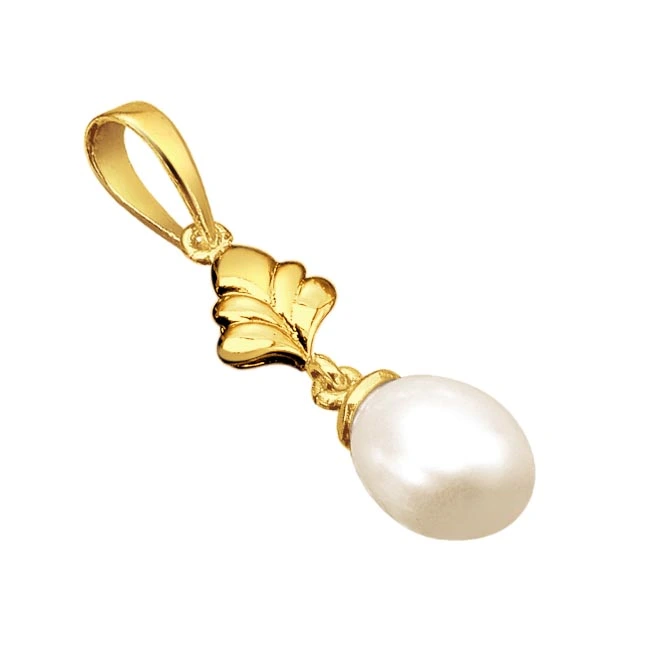 Beautiful Posion - Drop Shape Real Pearl & Flower Silver Gold Plated Pendant for Girls (SP384P)